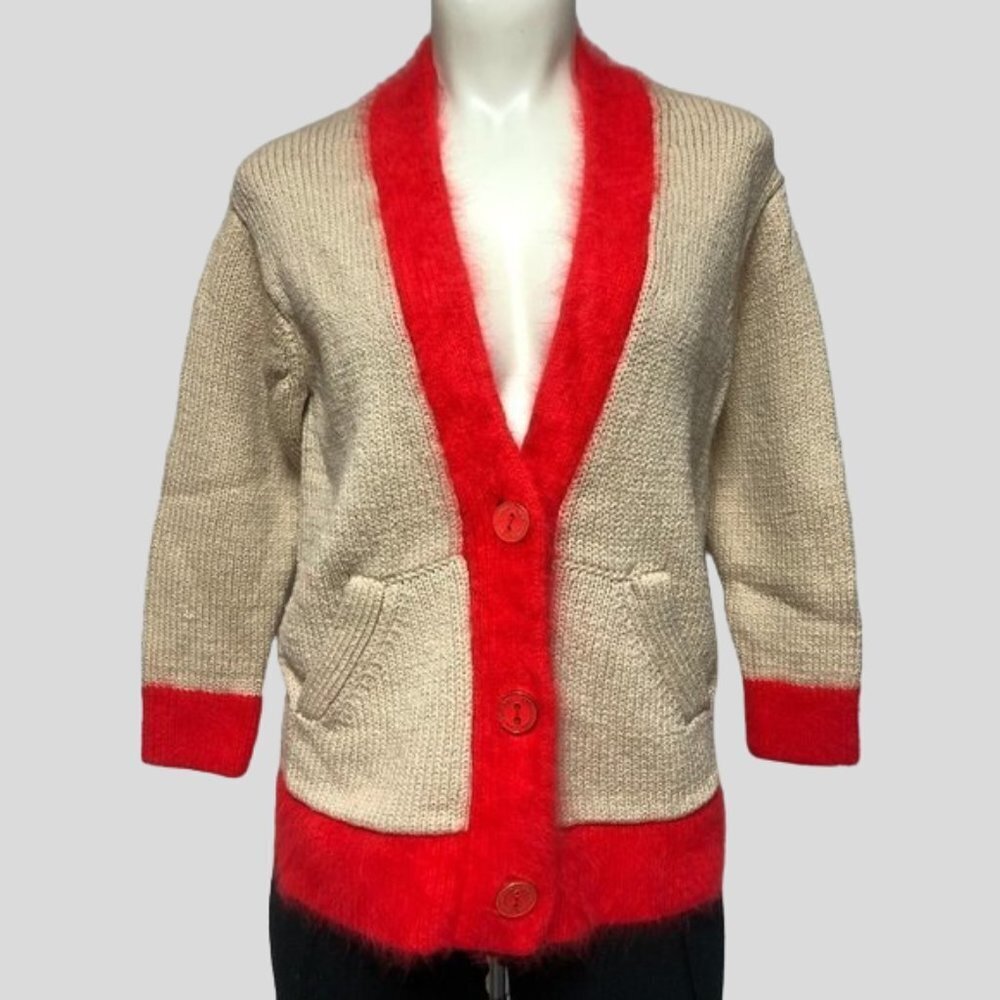 Juicy Couture Angora Trim Knit Beige/Red Cardigan Y2K Size Sm/Md
